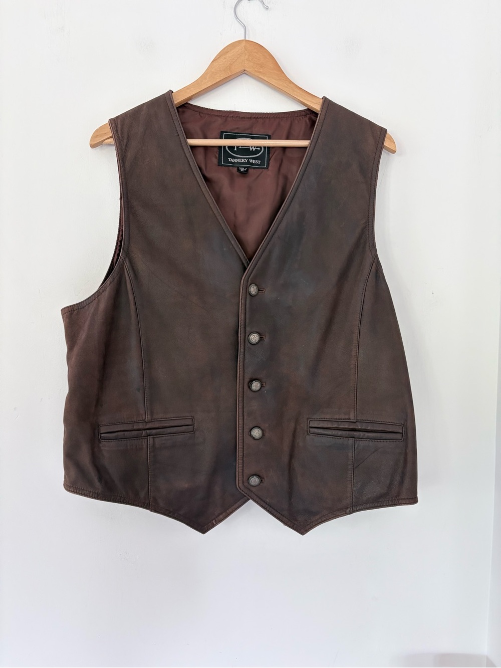 Vintage TANNERY WEST Leather Vest Xl Dark Brown Rare Western Button 80s VGUC